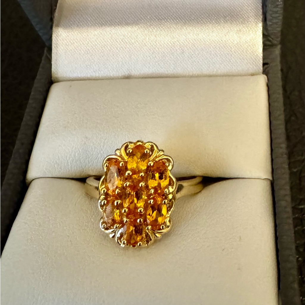 Oval Nambian Mandrin Garnet 18k Gold Over Silver Cluster. Sz 7. 1.73ctw.